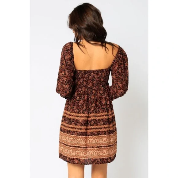 NEW! BLACK RUST SQUARE NECK PUFF SLEEVES PRINTED SMOCKED FULLY LINED DRESS! - Picture 4 of 6